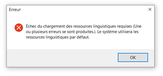 Error message in Trados Studio stating 'Failure to load the required linguistic resources (One or more errors have occurred). The system will use the default linguistic resources.' with an OK button.
