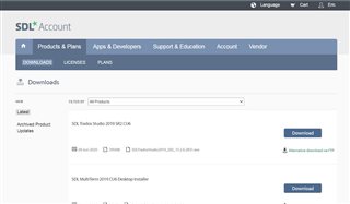 SDL account downloads page with Trados Studio 2019 CU7 update not displayed, only CU6 available for download.