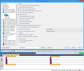 Screenshot of Trados Studio 2017 with MS Office 2013 plugin showing a project settings window with various unchecked options and a warning message at the bottom.