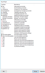 Screenshot of Trados Studio QuickInsert view with a list of functions like Tag einf gen, Textfeld einf gen, but missing options for Em Dash and En Dash.