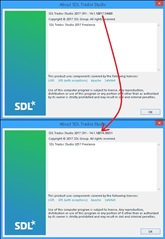 Two overlapping screenshots of Trados Studio 'About' window, with a red arrow pointing to an error message stating 'The product will expire soon.'