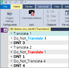 SDL Trados Studio interface showing a translation project with segments labeled 'Translate' and 'Do_Not_Translate'.