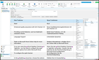 Screenshot of Trados Studio interface displaying the 'New Features' section with a dropdown menu open showing options for spell checking, including an option for Microsoft Word spelling check.