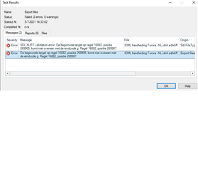 Trados Studio error message window showing 'Failed (error 0, warning 2)' with details of 'SDL XLIFF validation error: Descriptive text tag1 value 202020 must be of datatype integer not tag1 double 202020.0' in the Messages tab.