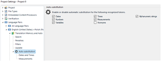 Trados Studio Project Settings window showing Auto-substitution options for Numbers, Variables, Measurements, and Alphanumeric strings checked.