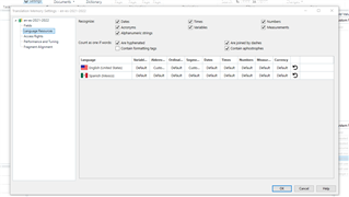 Trados Studio screenshot showing the Translation Memories view with the Settings option selected and the Language Resources branch expanded, but the Abbreviation List option is missing.