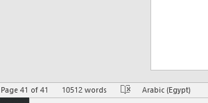 Screenshot displaying Trados Studio target language statistics with 41 pages and 10512 words in Arabic (Egypt).