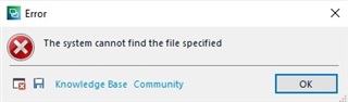 Error dialog box: 'The system cannot find the file specified' with Knowledge Base and Community buttons.