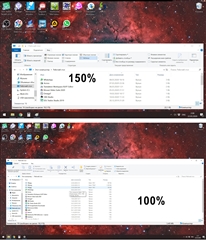 Two screenshots comparing display scaling on Windows with Trados Studio. Top image shows oversized interface at 150% scaling, bottom image shows smaller, more readable interface at 100% scaling.