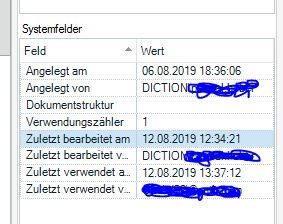 Screenshot of Trados Studio showing system fields with timestamps. 'Last edited by' timestamp is 12.08.2019 12:34:21, while 'last used by' is earlier at 12.08.2019 13:37:12, indicating a discrepancy.