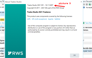 About Trados Studio window displaying the software version as 2021 Freelance and copyright information for RWS Group.