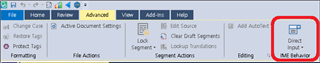 Trados Studio interface showing the Advanced ribbon with a red box highlighting the 'Direct Open' button in the 'Add-Ins' section.