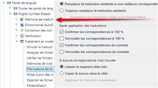 Trados Studio settings window with language pairs listed on the left and a red arrow pointing to 'Replace translations with Perfect Match' option.