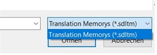 Dropdown menu showing file type selection limited to Translation Memorys (*.sdltm) in Trados Studio 2021.