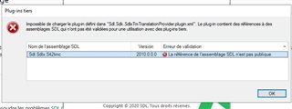 Error message in Trados Studio 2021 stating 'Impossible de charger le plug-in de langue' with details about the SDL TradosTranslationProvider plugin not being loaded due to missing or invalid license.