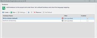 Trados Studio Project Settings window showing a red circle with a cross on 'TM for Articles default' termbase indicating an error in setting it as default.