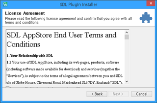 SDL Plugin Installer window with License Agreement text cut off at the bottom, missing 'Accept' checkbox.