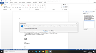 Screenshot of a Microsoft Word error message stating that the file contains custom XML elements no longer supported and will be removed if saved.