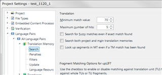 Trados Studio project settings screenshot with 'Minimum match value' set to 70 in the Translation Memory and Automated Translation section.