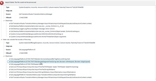 Screenshot of Trados Studio error message displaying 'The type initializer for 'Sdl.LanguagePlatform.TranslationMemoryApi.TranslationMemory' threw an exception.' with stack trace information.
