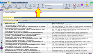 Second Trados Studio screenshot with an arrow indicating the same 'View' tab options for white space and hidden segments, with no visible errors or warnings.