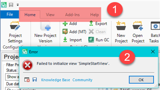 Screenshot showing SDL Trados Studio with non-functional Ribbon tabs labeled View, Add-Ins, and Help.