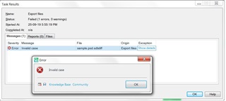 SDL Trados 2019 Task Results window showing an error message 'Invalid case' with an 'Error' icon next to it. A sample.psd.sdlxliff file is listed as the source of the error in the Export Files task.
