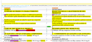 Screenshot of Trados Studio showing a .docx file with segments of text highlighted in yellow. No visible errors or warnings.
