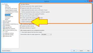 Screenshot of Trados Studio Options menu highlighting Translation Memory settings with an orange box and a yellow arrow pointing to 'Enable lookup of segments'.