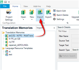 Trados Studio screenshot displaying the Translation Memories view with the 'Import' button highlighted.