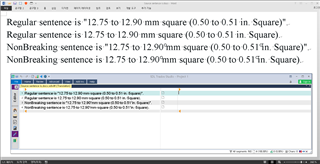 Trados Studio interface showing a warning message about regular and non-breaking sentences with measurements in square millimeters.
