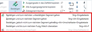 Screenshot of Trados Studio in German showing the 'Add as new translation' option grayed out and not active.