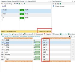 Screenshot of Trados Studio showing incorrect number formatting in exported Excel file, with a red box highlighting the issue in the 'Translation Results' window.