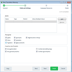 Trados Studio New Translation Memory setup window with options unchecked to prevent auto propagation.