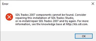 Error message in Trados Studio stating 'SDL Trados 2007 components cannot be found. Consider repairing the installation of SDL Trados Studio, or re-installrepair SDL Trados 2007 and try again.' with a link to the knowledge base.