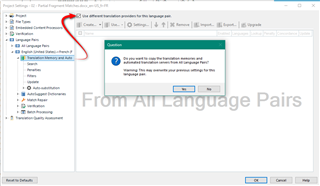 Trados Studio Project Settings window with a dialog box asking to confirm if the user wants to use different translation providers for the language pair.