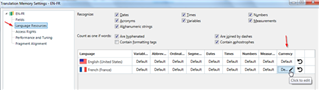 Language resources settings in SDL Trados Studio showing French language with default currency format options.