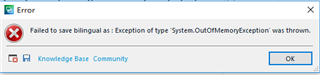 Error dialog box in Trados Studio stating 'Failed to save bilingual as: Exception of type 'System.OutOfMemoryException' was thrown.' with an OK button.