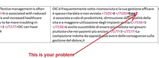 Screenshot of Trados Studio showing text with highlighted errors, a red underline beneath 'CTIOS8CTIOS9' and 'CTIOS6CTIOS7', and a comment saying 'This is your problem'.
