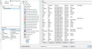 Trados Studio project settings window showing a list of file types with their respective rules, conditions, and formatting options.