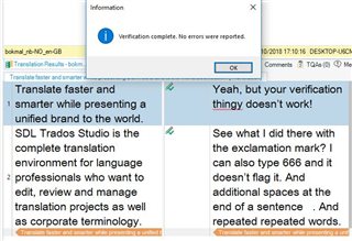 Trados Studio verification dialog box showing 'Verification complete. No errors were reported.' despite the user indicating deliberate errors in the text.