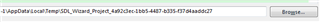 Trados Studio screenshot showing a file path in the project creation window, indicating the file is located in a temporary folder.
