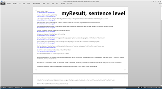 Screenshot of a Word document titled 'myResult, sentence level' with highlighted text indicating changes.