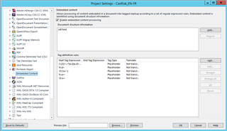 Screenshot of Trados Studio Project Settings window with the Embedded Content Processor settings displayed, showing default configurations for tag types and placeholders.