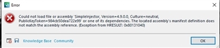 Error message window on Trados Studio stating 'Could not load file or assembly 'Sdl.ProjectApi, Version=15.0.0.0, Culture=neutral' or one of its dependencies. The located assembly's manifest definition does not match the assembly reference. Exception from HRESULT: 0x80131040'.