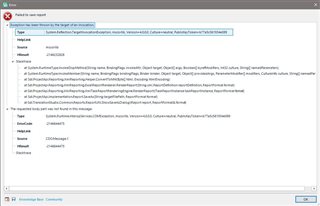 Error message dialog in Trados Studio showing 'Failed to save report' with details of System.Reflection.TargetInvocationException and COMException errors.