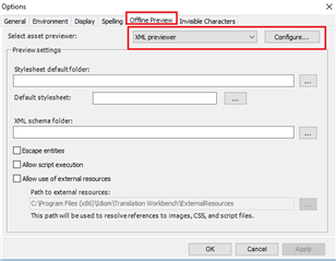 Trados Studio options dialog with 'Offline Preview' selected and 'XML previewer' chosen from a dropdown menu.