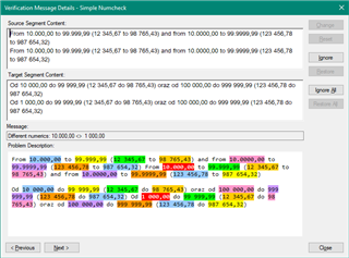 Detailed error message window from Trados Studio's Simple Numcheck plugin, highlighting discrepancies in number formatting between source and target text segments.