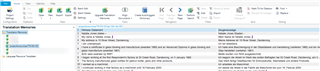 Screenshot of Trados Studio Translation Memory view displaying a list of saved segments with source and target language columns.