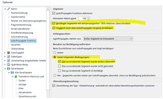 Trados Studio options menu with 'Automated propagation' settings highlighted, showing 'Apply to all segments in the document' selected.